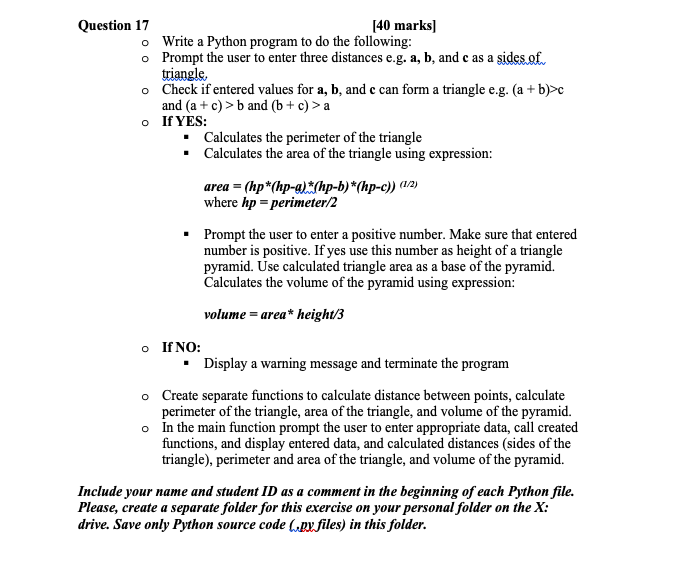Solved Question 17 [40 marks) o Write a Python program to do | Chegg.com
