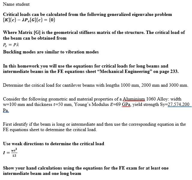 Solved Name Student Critical Loads Can Be Calculated From | Chegg.com