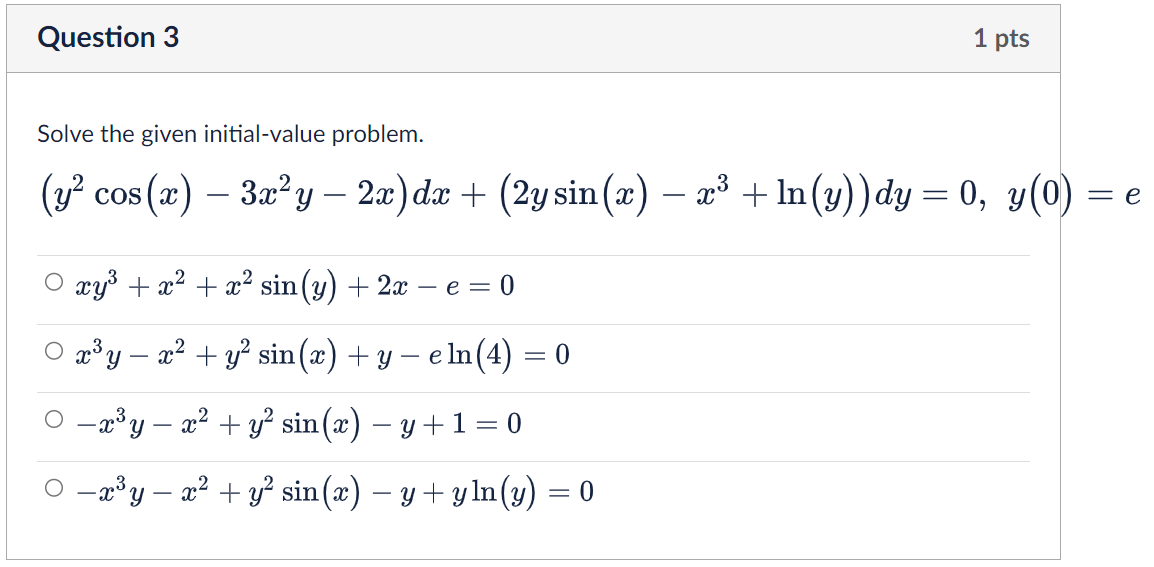 Solve the given initial-value problem. \[ \begin{array}{l} \left(y^{2} \cos (x)-3 x^{2} y-2 x\right) d x+\left(2 y \sin (x)-x