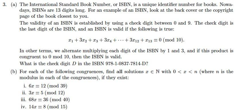 Solved 3. (a) The International Standard Book Number, or | Chegg.com