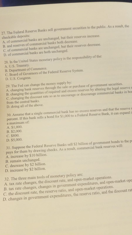 Solved 27. The Federal Reserve Banks Sell Government | Chegg.com