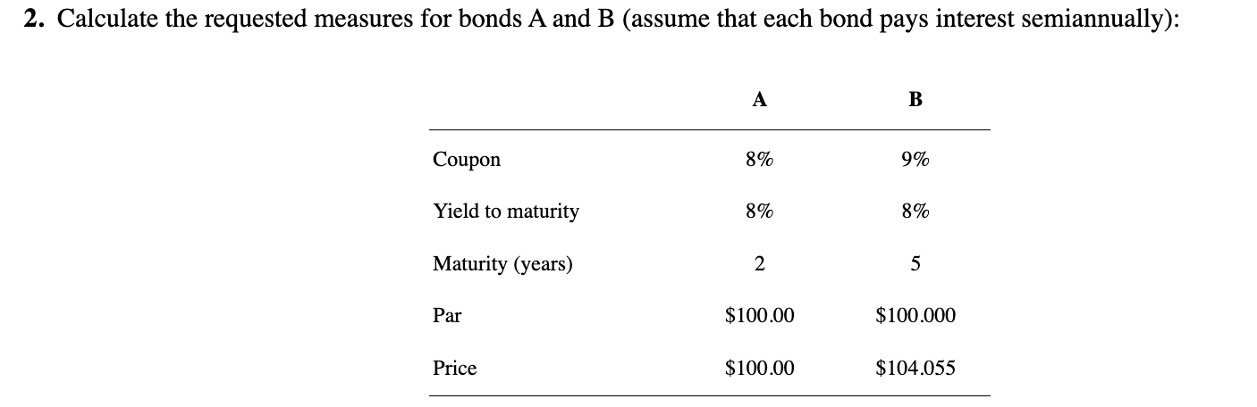 Solved 2. Calculate The Requested Measures For Bonds A And B | Chegg.com