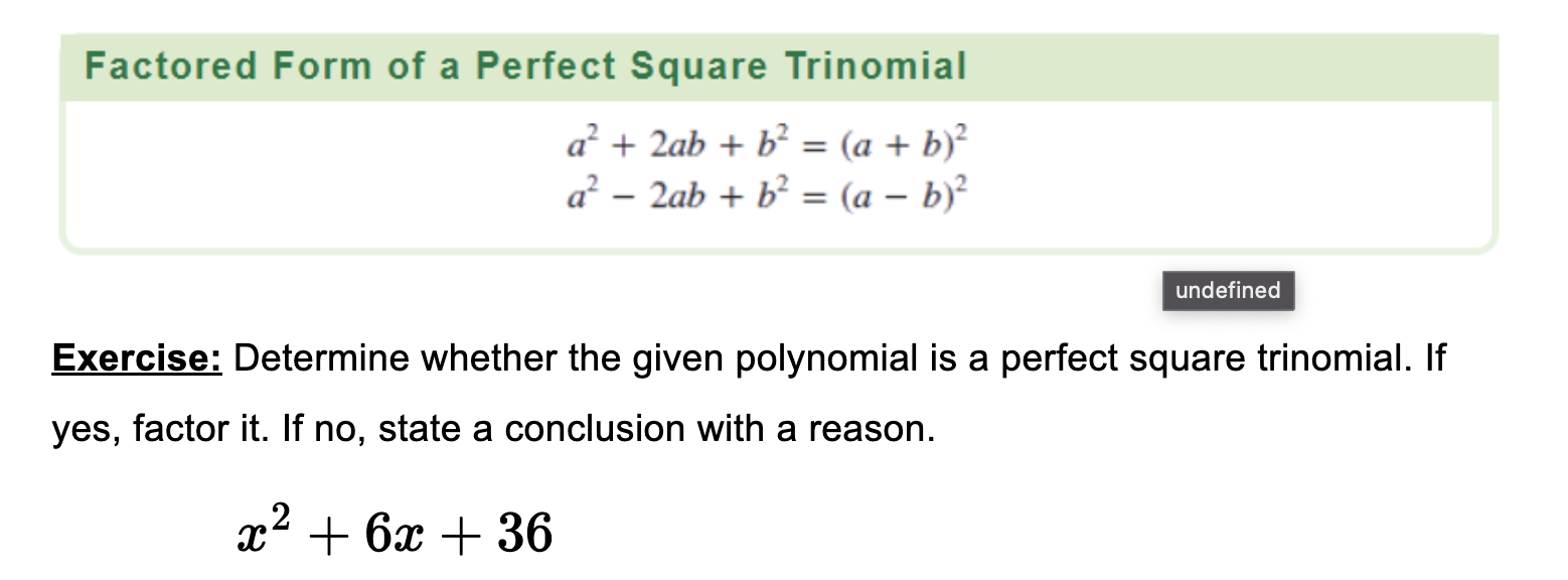 Factored Form of a Perfect Square Trinomial
\[
\begin{array}{l}
a^{2}+2 a b+b^{2}=(a+b)^{2} \\
a^{2}-2 a b+b^{2}=(a-b)^{2}
\e