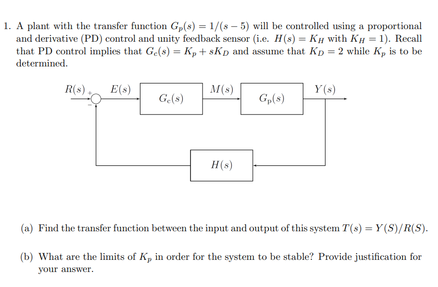 Solved 1. A plant with the transfer function Gp(s) = 1/(s – | Chegg.com