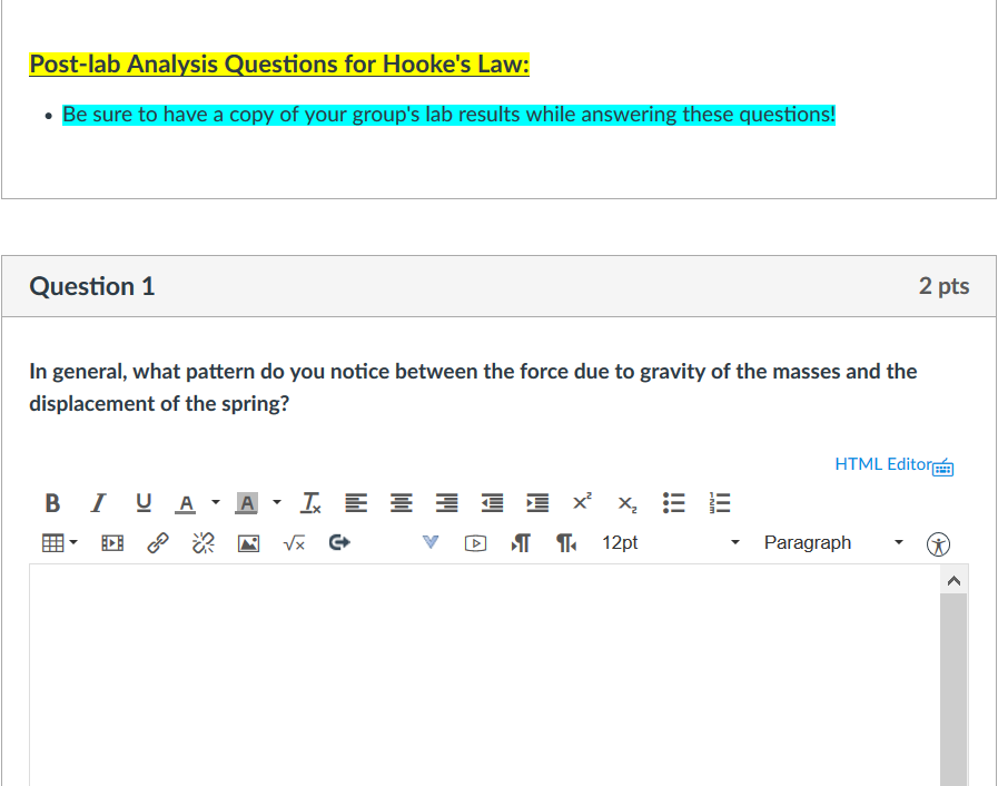 Solved Postlab Analysis Questions for Hooke's Law Be sure