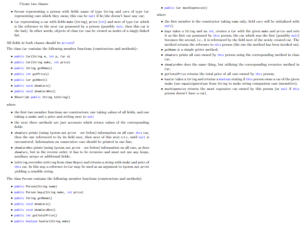 Solved Create Two Classes • Public Car Mostexpensive Where | Chegg.Com