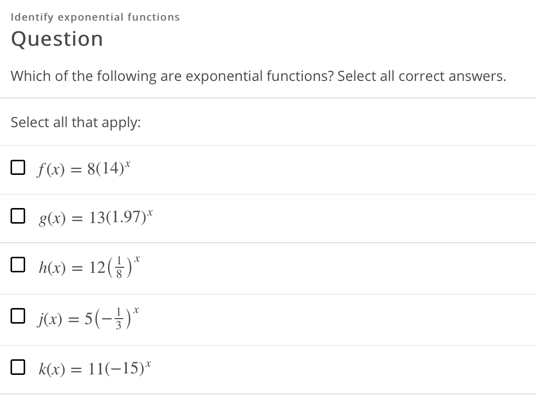 Solved Identify exponential functions Question Which of the | Chegg.com