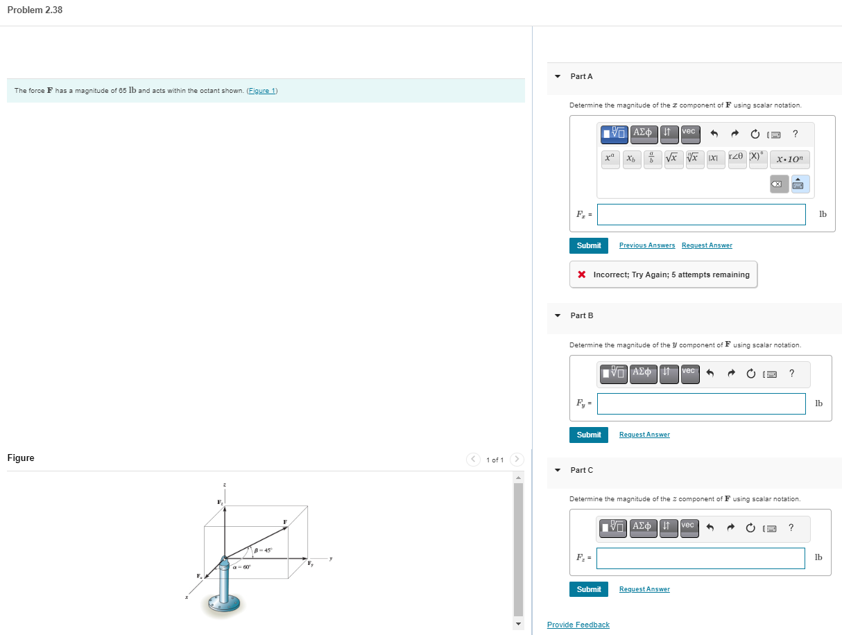 Solved The force F has a magnitude of 65lb and acts within | Chegg.com