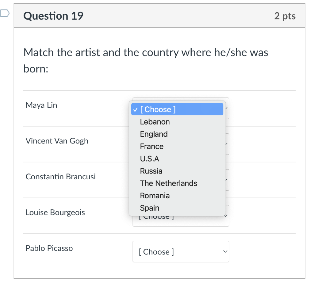 Match the artist and the country where he/she was