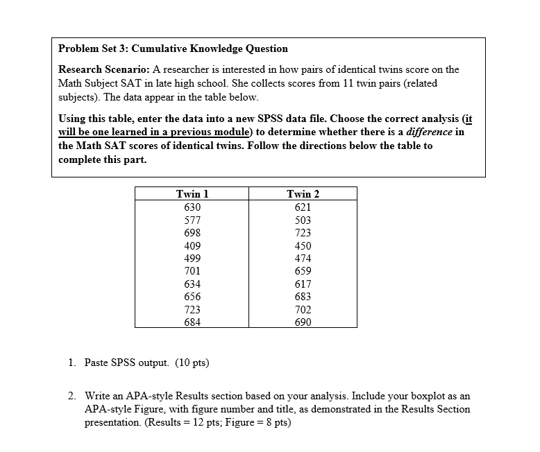 Problem Set 3: Cumulative Knowledge Question
Research Scenario: A researcher is interested in how pairs of identical twins sc