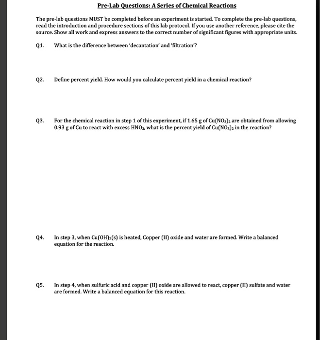 Solved Pre-Lab Questions: A Series Of Chemical Reactions The | Chegg.com