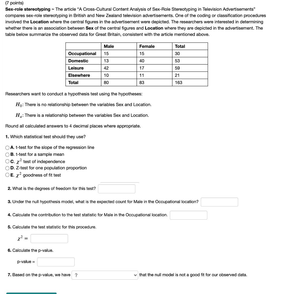 Solved 7 Points Sex Role Stereotyping The Article A 2325