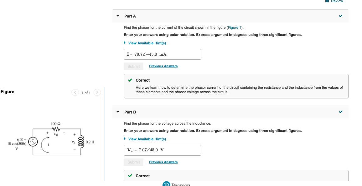 Solved 1 Review Part A Find the phasor for the current of | Chegg.com