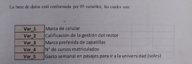 La base de datos está conformada por 05 variables, las cuales son: