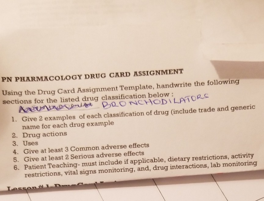 pharmacology drug card assignment