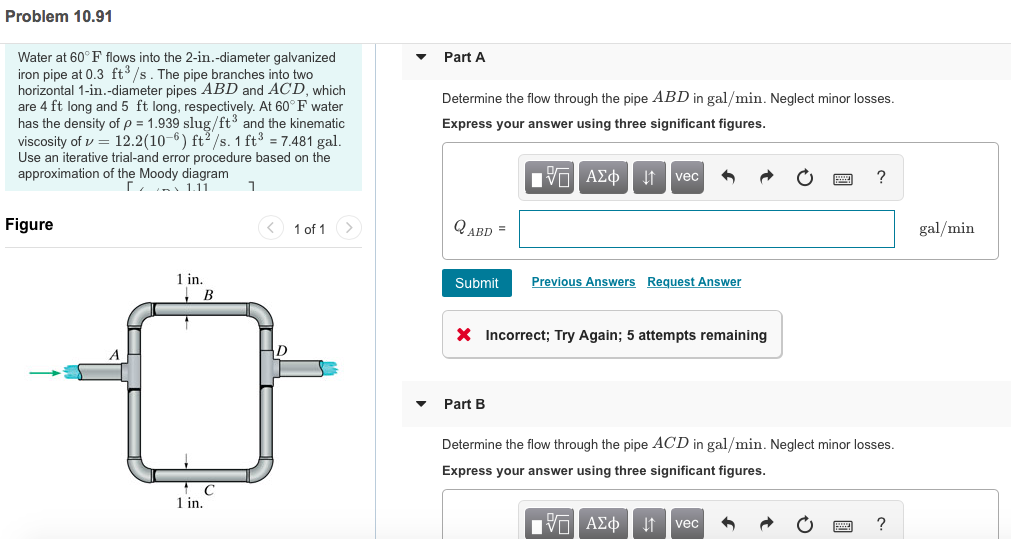 Solved Problem 10.91 Part A Water at 60° F flows into the | Chegg.com