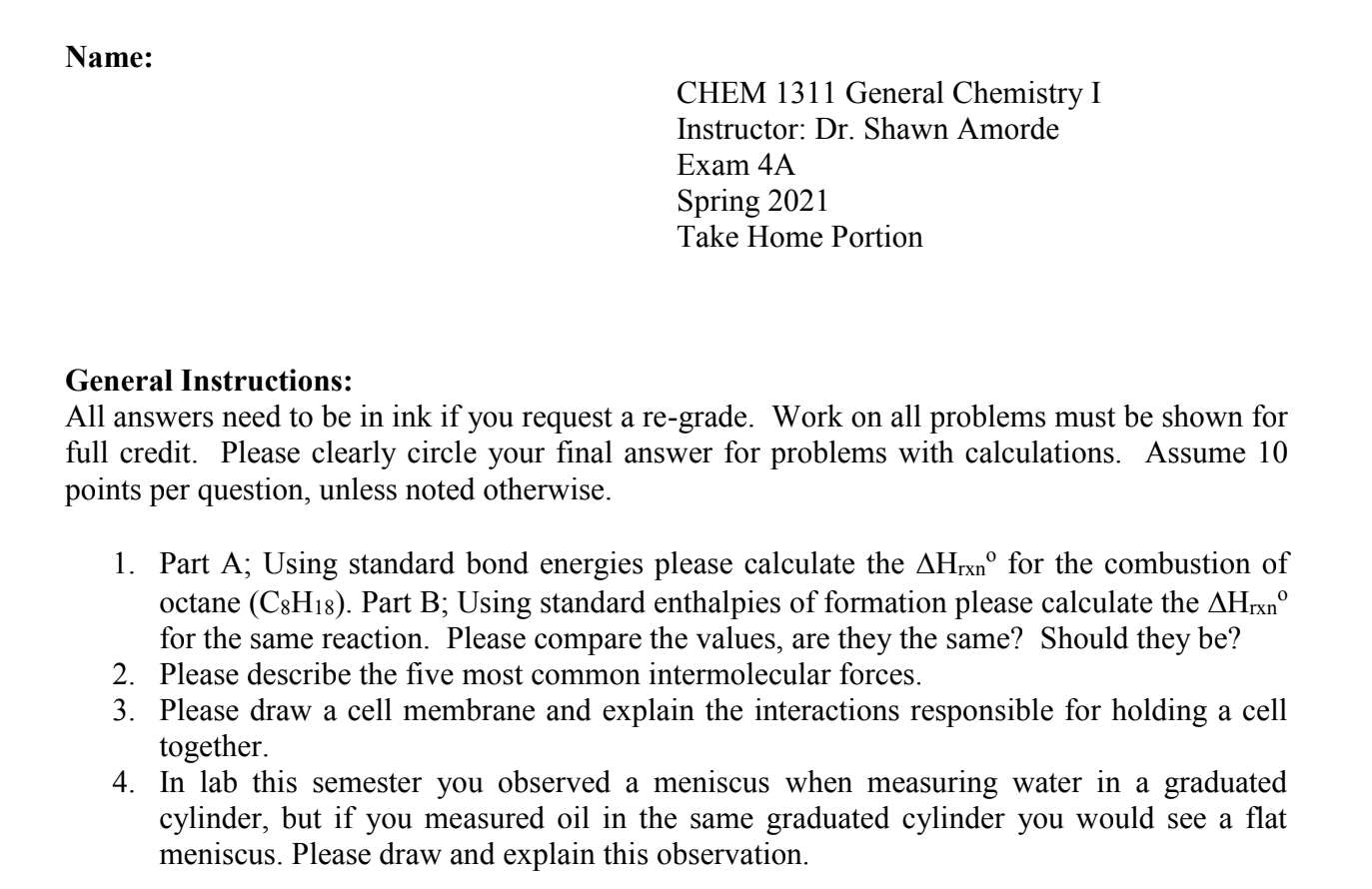 Name: CHEM 1311 General Chemistry I Instructor: Dr. | Chegg.com