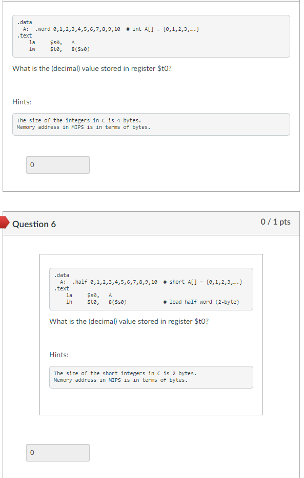 Solved # int A[] {0,1,2,3,-- } .data A: .word | Chegg.com