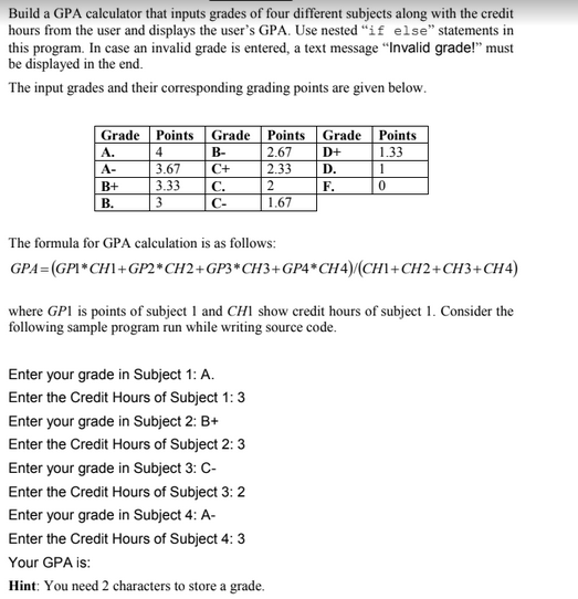 Solved Build a GPA calculator that inputs grades of four | Chegg.com