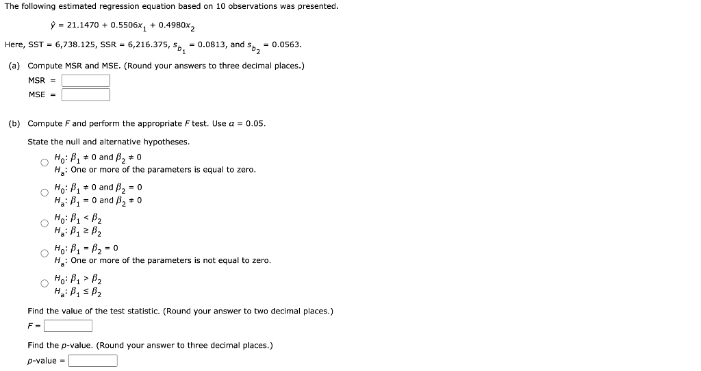 Solved The Following Estimated Regression Equation Based Chegg Com