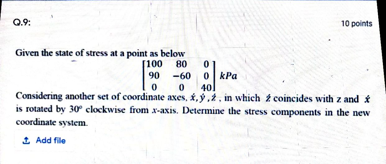 Solved Q.9: 10 points Given the state of stress at a point | Chegg.com