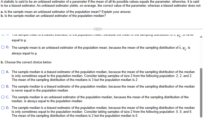 Solved A statistic is said to be an unbiased estimator of a | Chegg.com