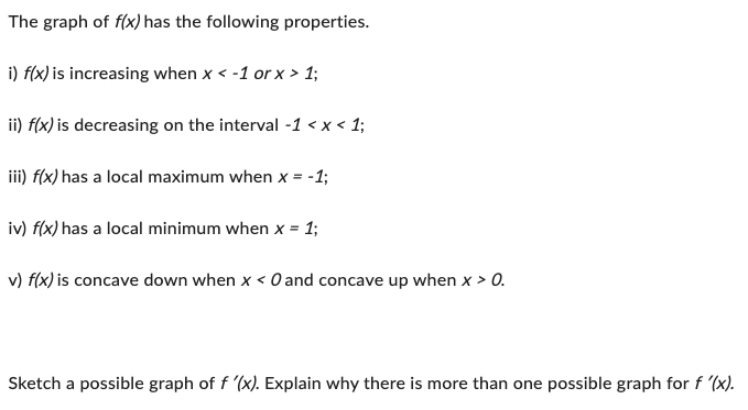 The graph of \( f(x) \) has the following properties.
i) \( f(x) \) is increasing when \( x<-1 \) or \( x>1 \);
ii) \( f(x) \
