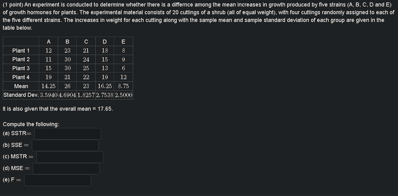Solved (1 point) An experiment is conducted to determine | Chegg.com