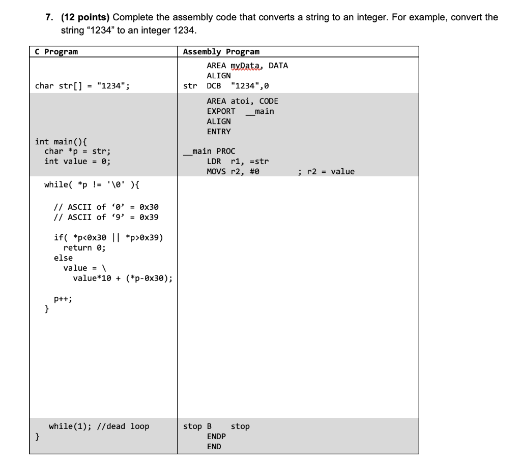 Solved 7. (12 points) Complete the assembly code that | Chegg.com