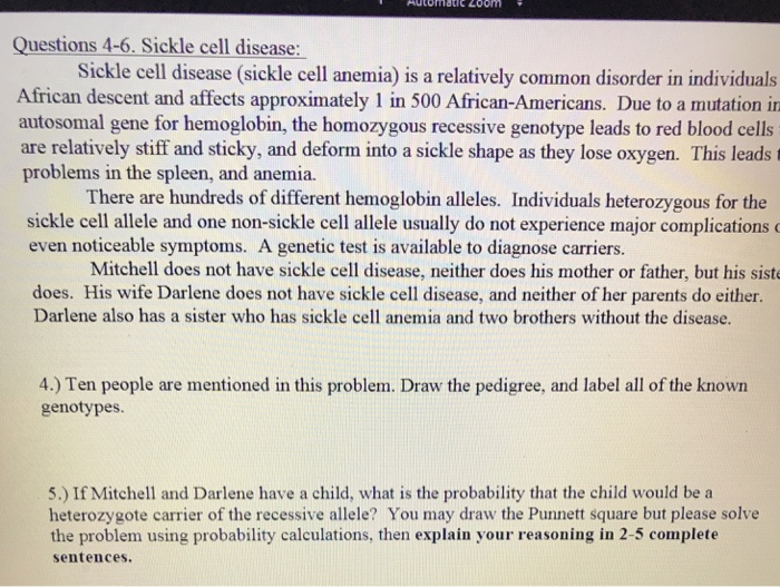 Solved Questions 4-6. Sickle cell disease: Sickle cell | Chegg.com