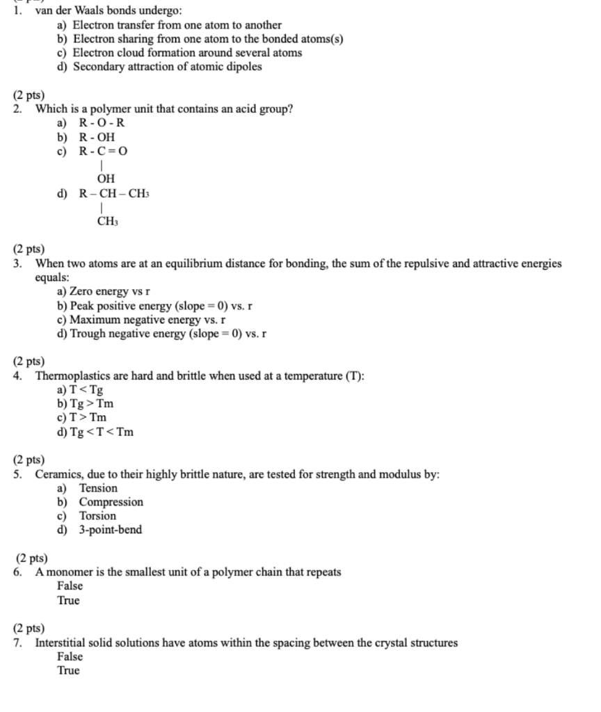 Solved 1 van der waals bonds undergo a electron transfer chegg