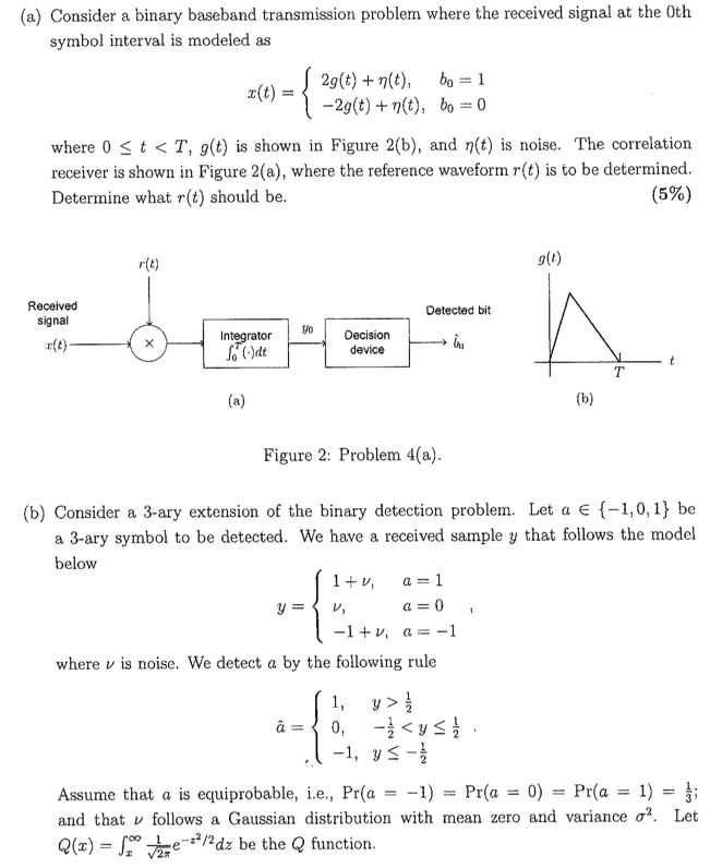 A Consider A Binary Baseband Transmission Proble Chegg Com