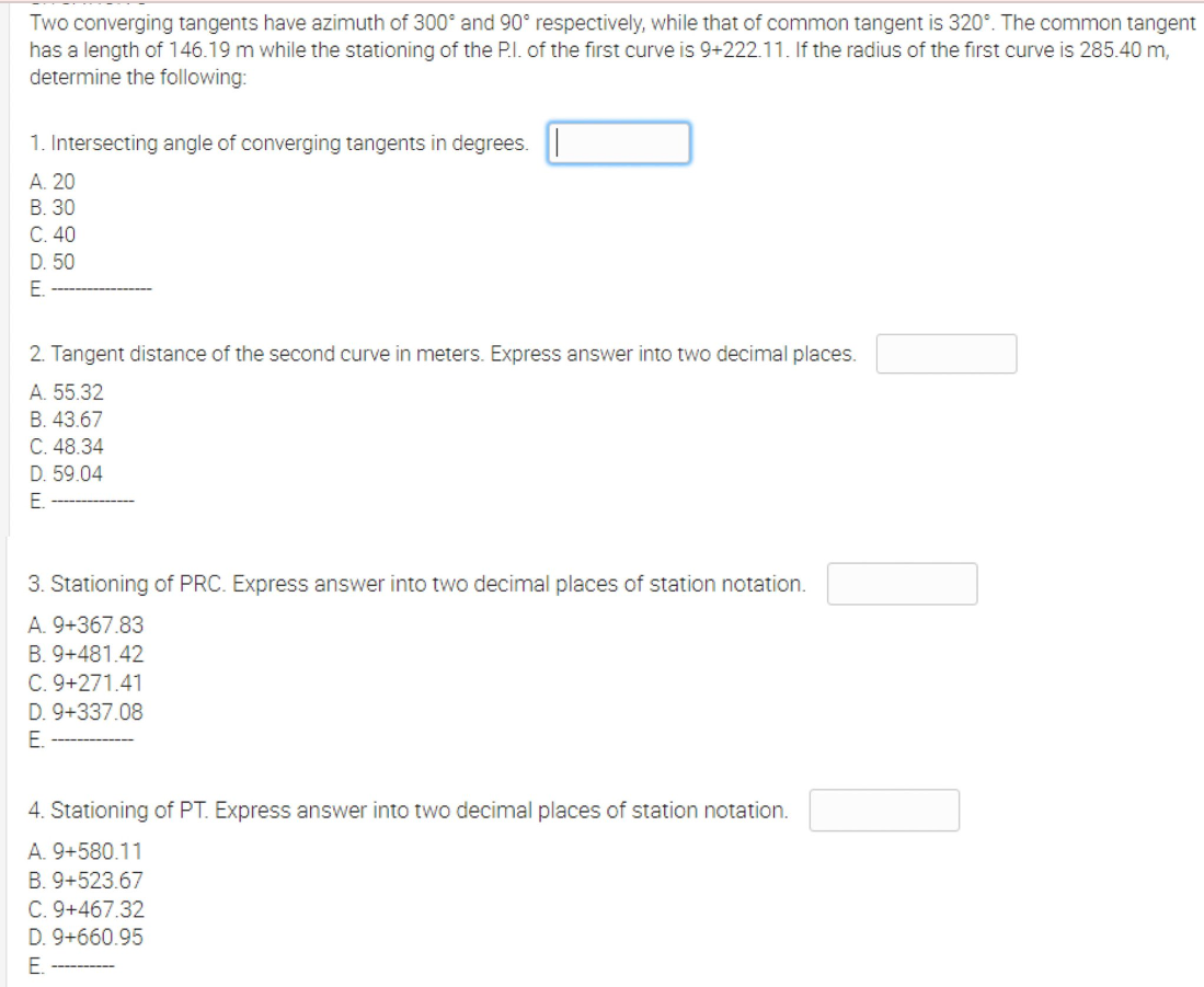 Solved Two converging tangents have azimuth of 300° and 90° | Chegg.com