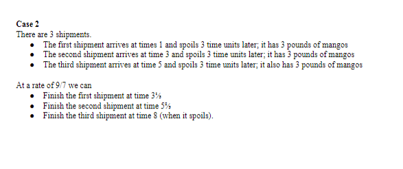 Case 2
There are 3 shipments.
- The first shipment arrives at times 1 and spoils 3 time units later; it has 3 pounds of mango