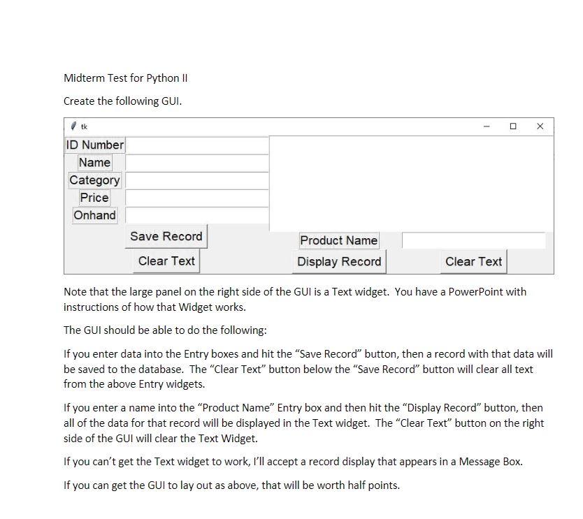 Solved Midterm Test for Python II Create the following GUI. | Chegg.com