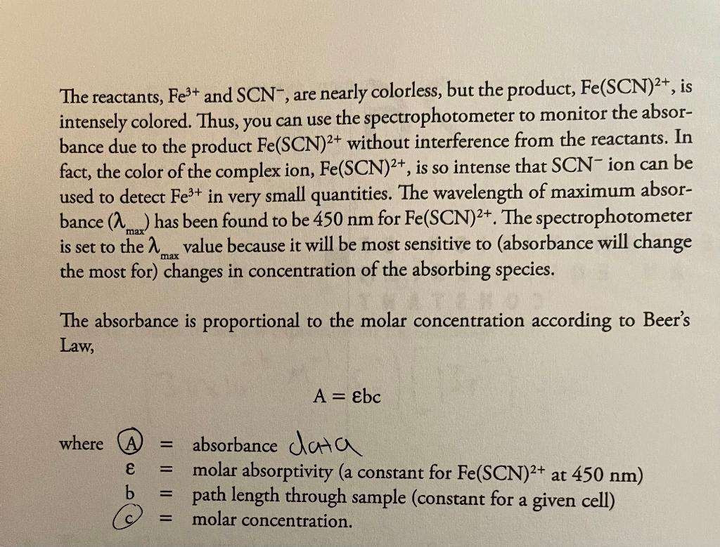 Solved The reactants, Fe3+ and SCN-, are nearly colorless, | Chegg.com