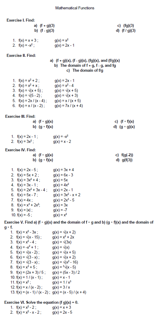 Solved Mathematical Functions Exercise I. Find c) (fg)(3) d) | Chegg.com