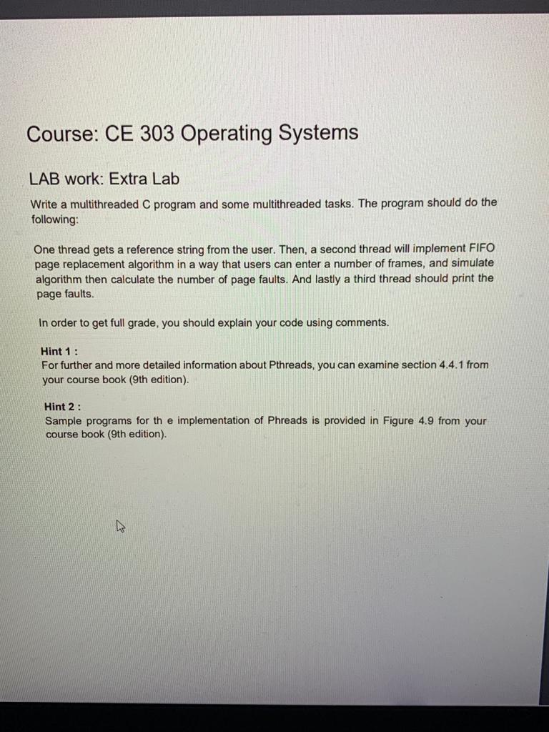 Solved Course: CE 303 Operating Systems LAB work: Extra Lab | Chegg.com