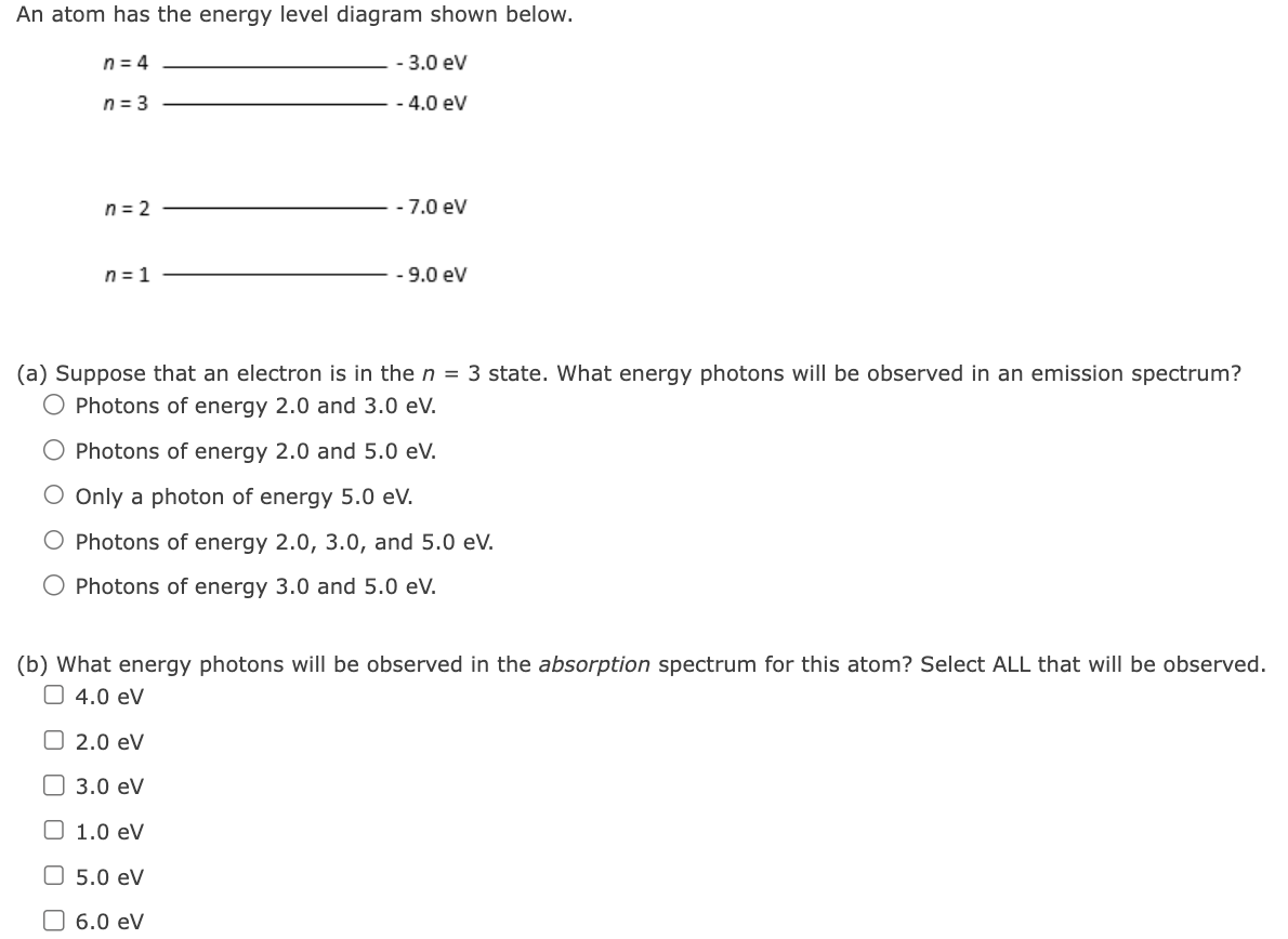 Solved An atom has the energy level diagram shown below. | Chegg.com