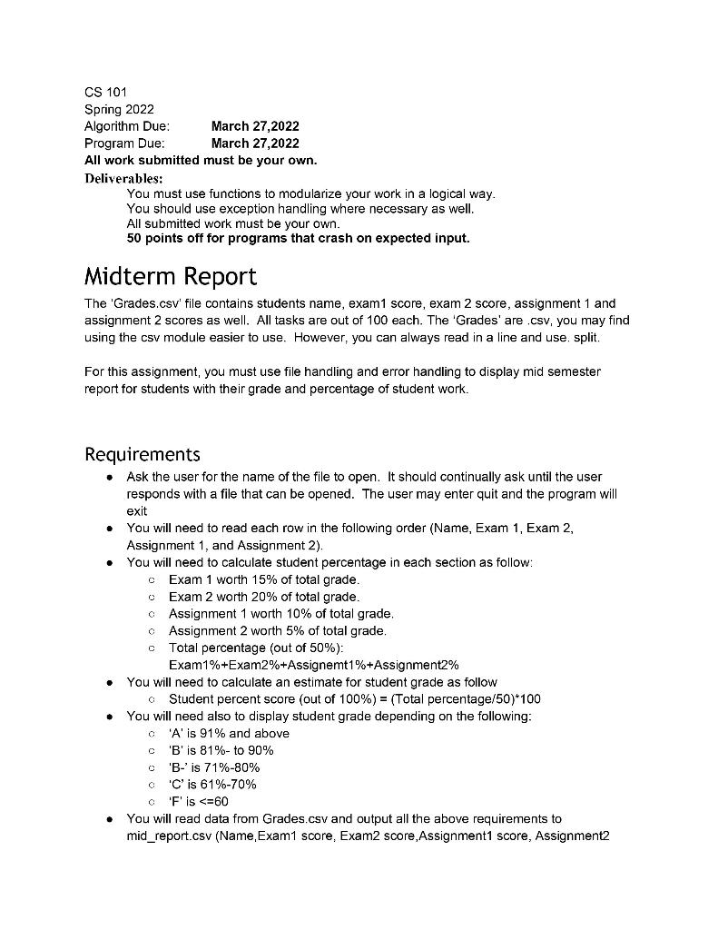 CS 101 Spring 2022 Algorithm Due: March 27,2022 | Chegg.com