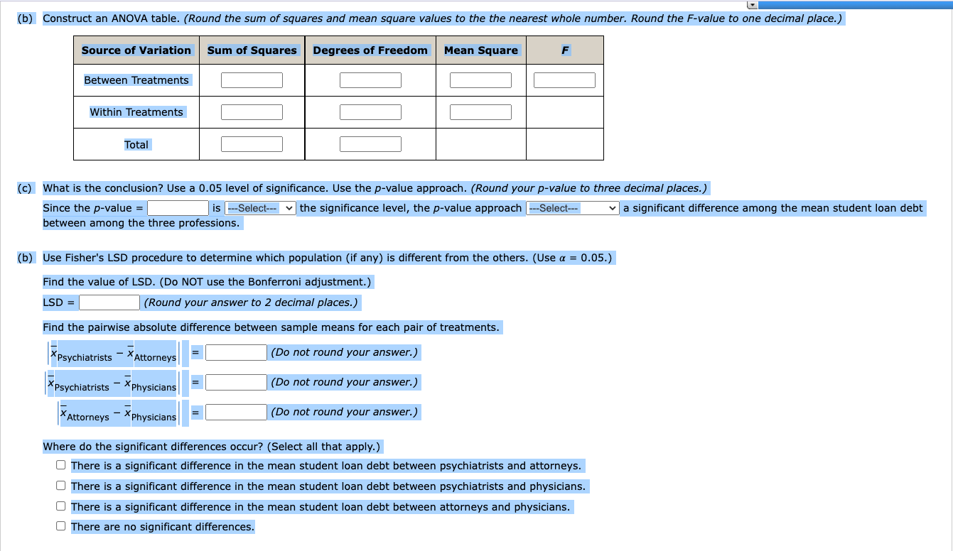 Solved (b) Construct an ANOVA table. (Round the sum of | Chegg.com