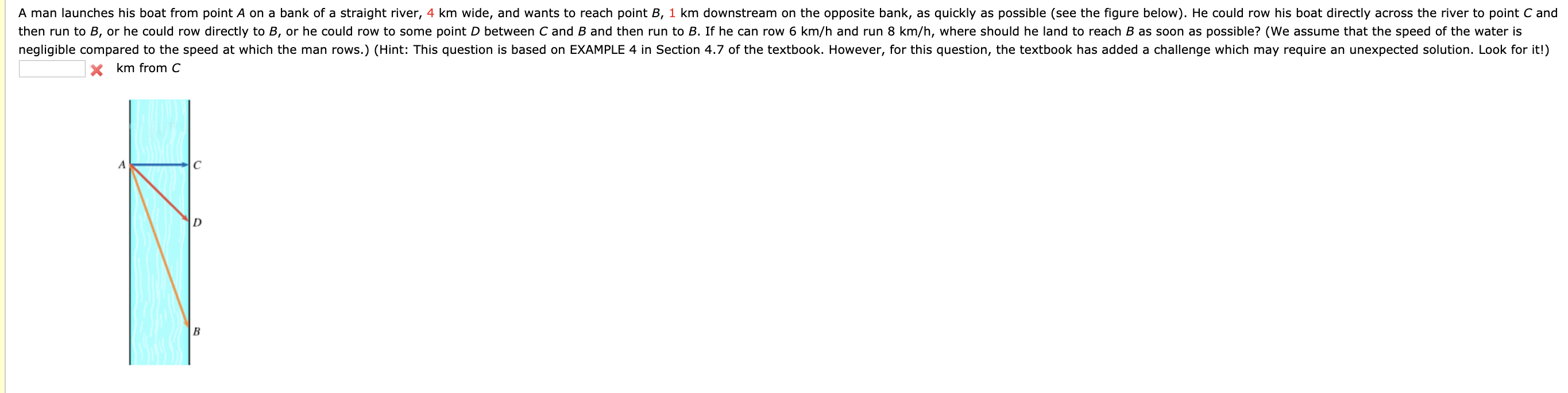 Solved A Man Launches His Boat From Point A On A Bank Of A | Chegg.com