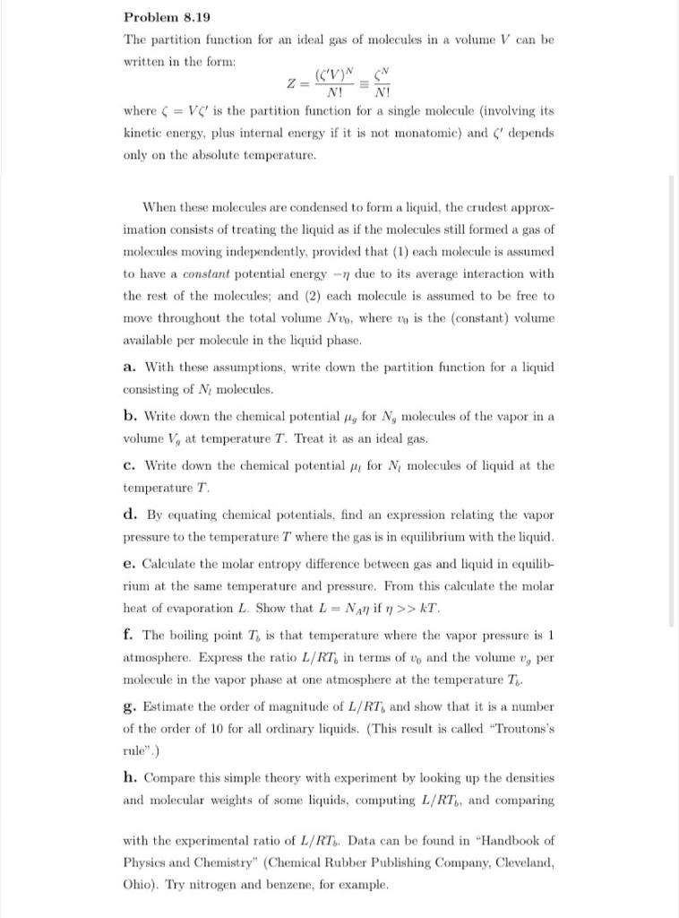 Problem 8.19 The partition function for an ideal gas | Chegg.com