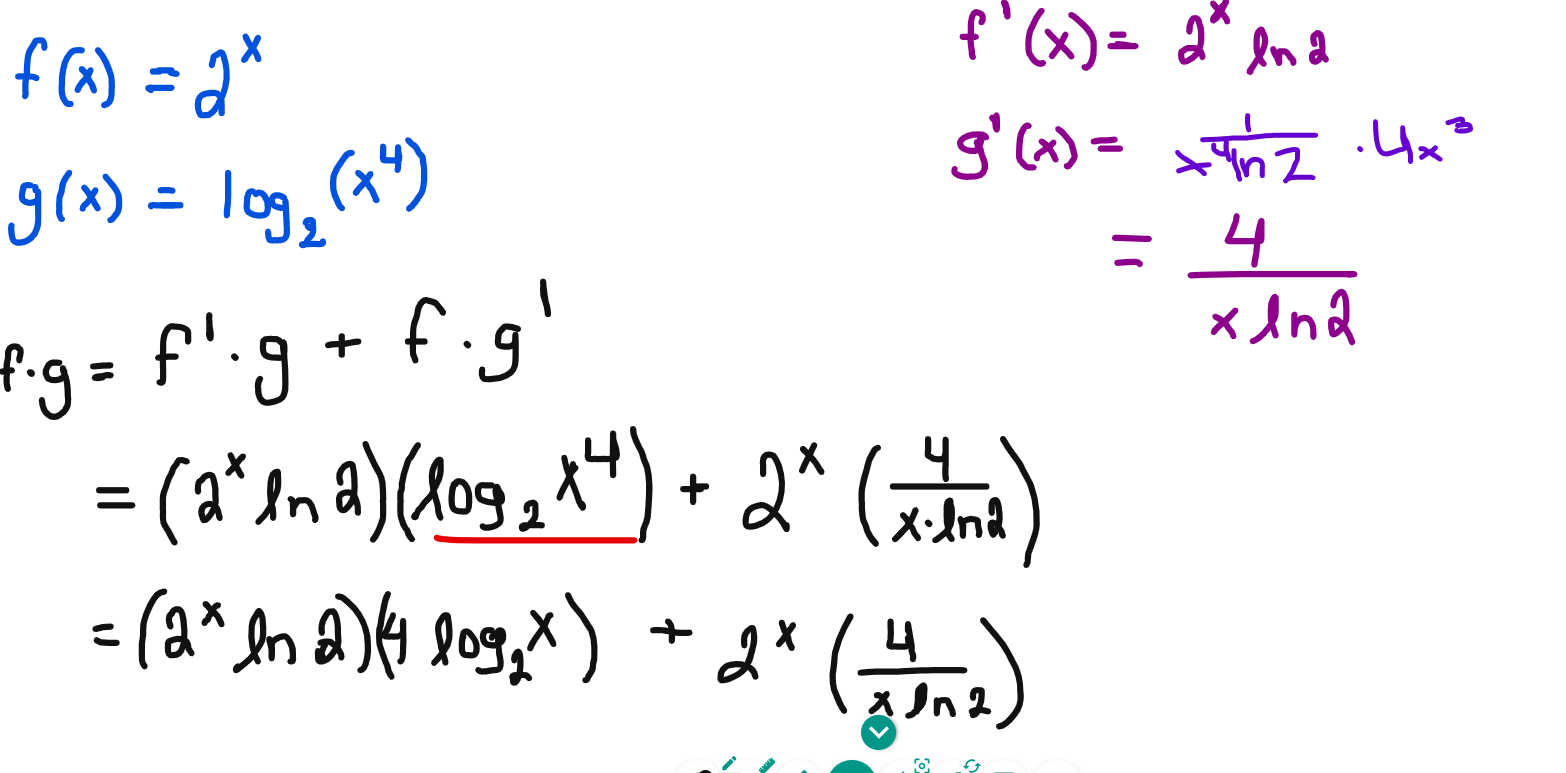 Solved f(x)g(x)f⋅g=2x=log2(x4)=xln24=f′⋅g+f⋅g′=(2xln2)(log2x | Chegg.com