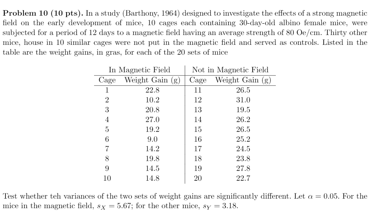 Solved Problem 10 (10 pts). In a study (Barthony, 1964) | Chegg.com