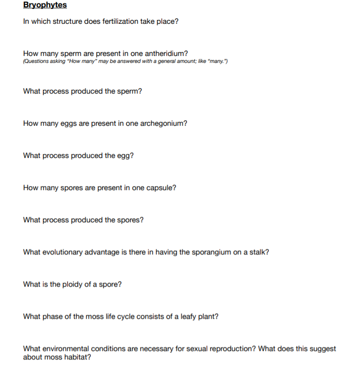 Solved Bryophytes In which structure does fertilization take