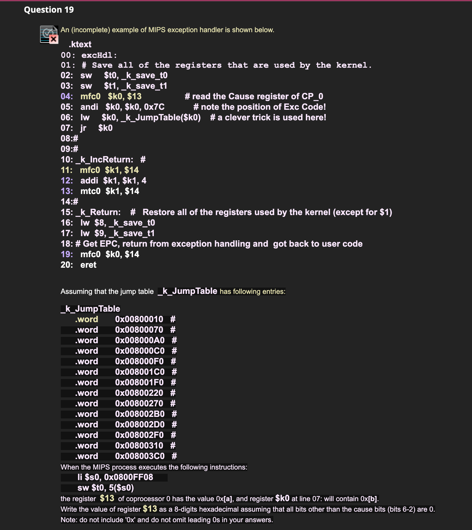 Solved stion 19 An example of MIPS exception