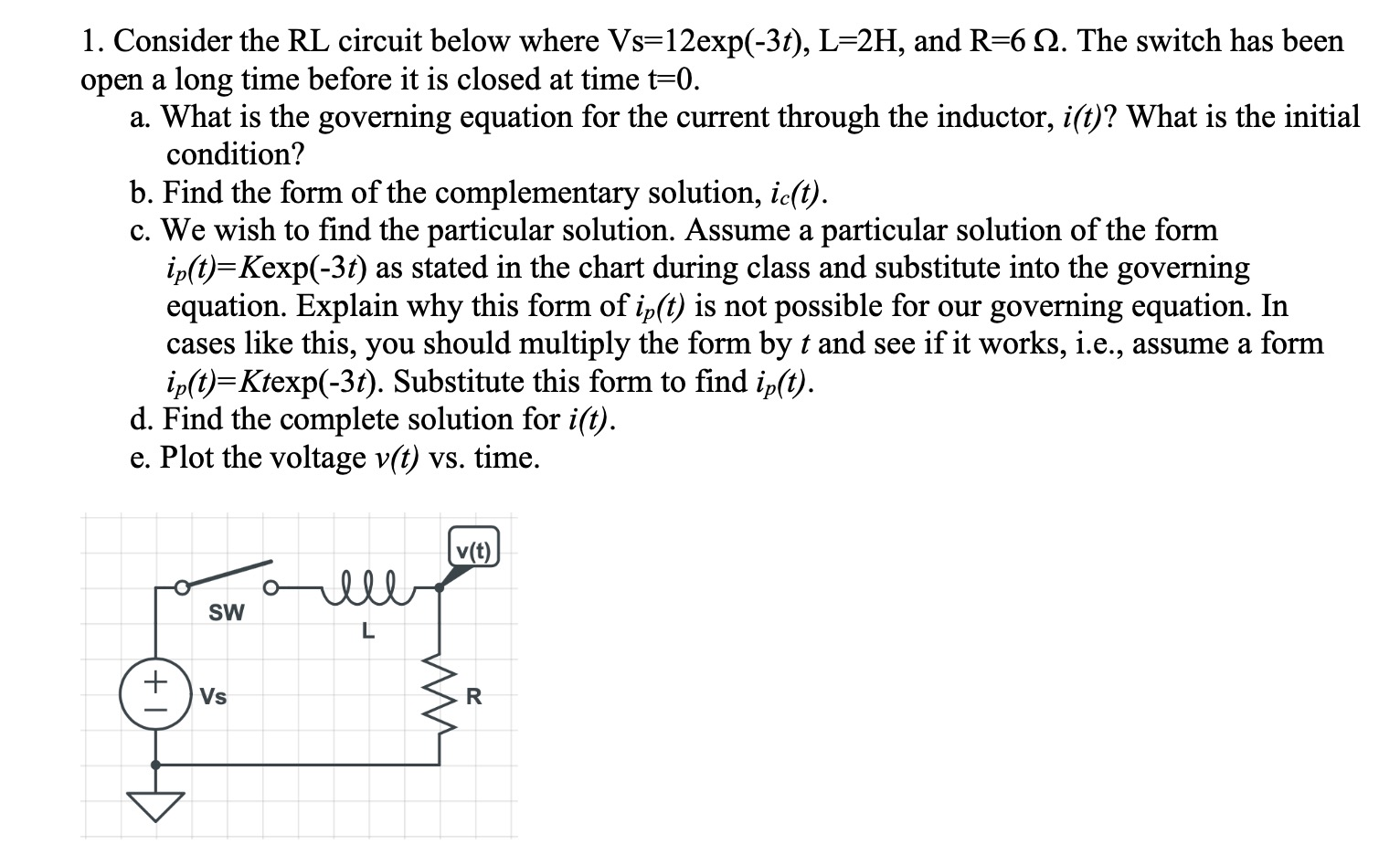Solved 1. Consider the RL circuit below where Vs=12exp(-3t), | Chegg.com