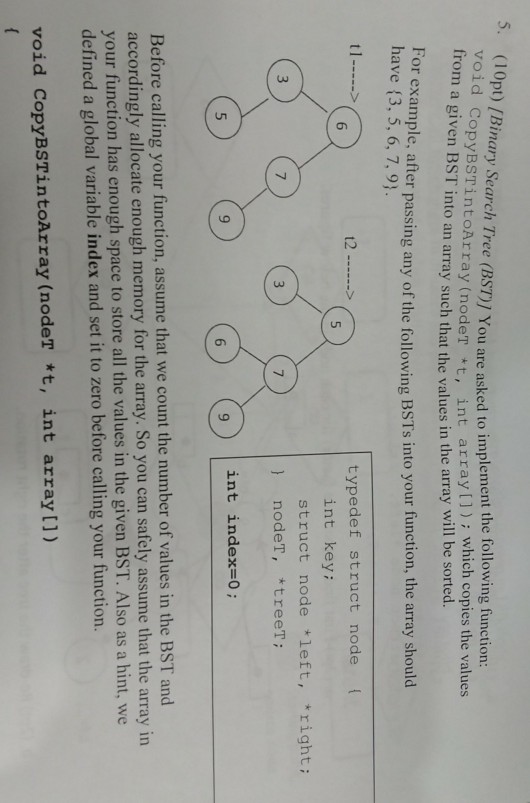 Solved 5. (10pt) /B Void From A Given BST Into An Array Such | Chegg.com