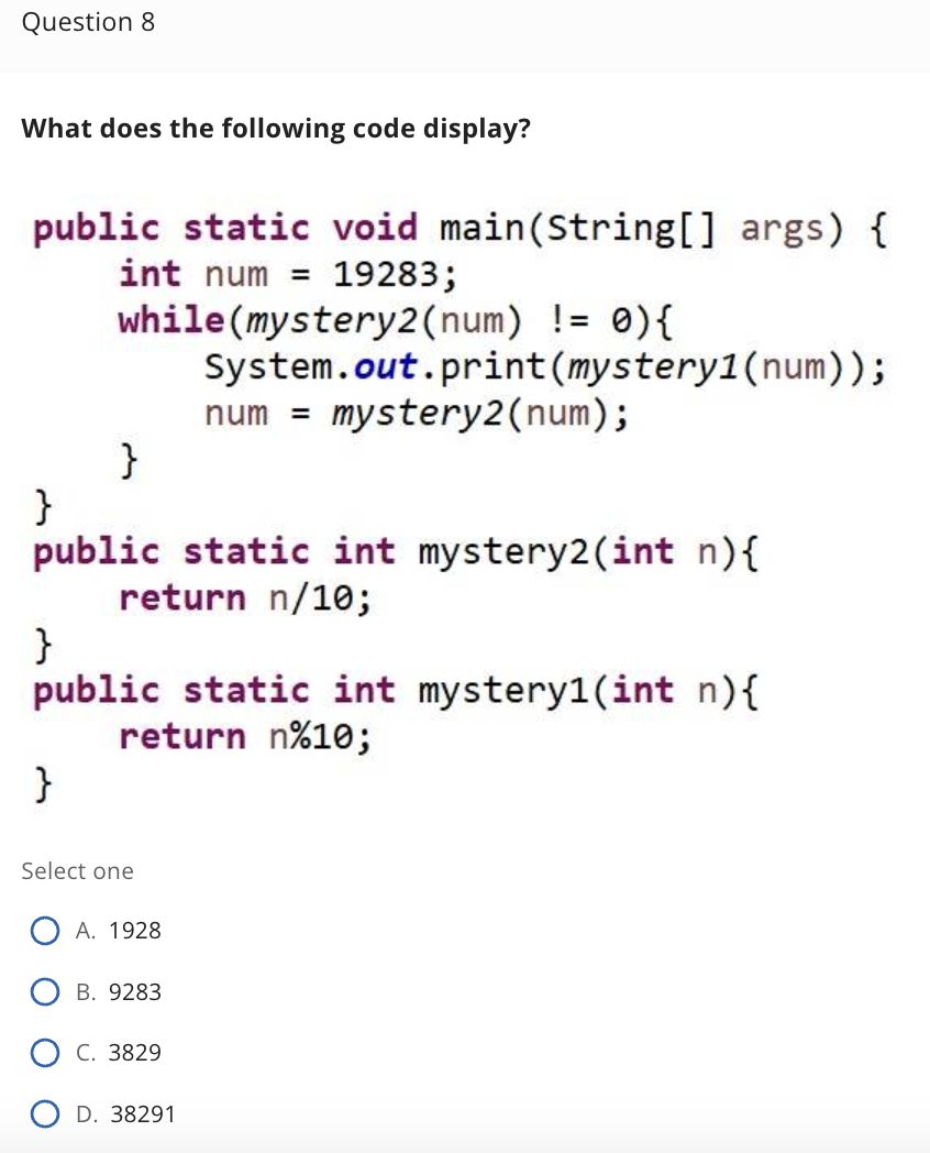 Solved What does the following code display? public static | Chegg.com